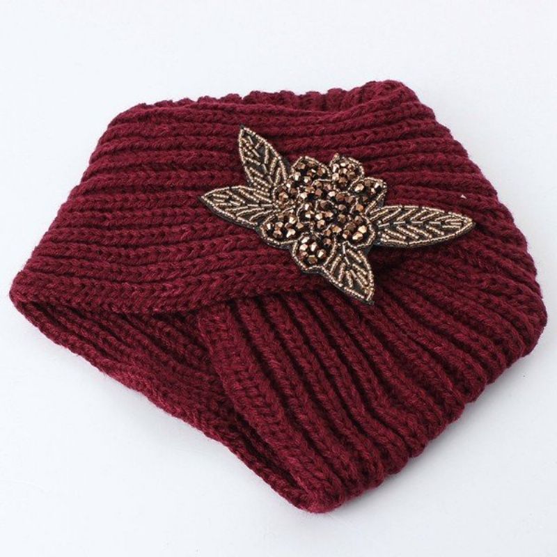 Turban Pletena Heklana Ručno Izrađena Traka Za Glavu Zimska Topla Kapica Metalni Draguljasti Dodatak