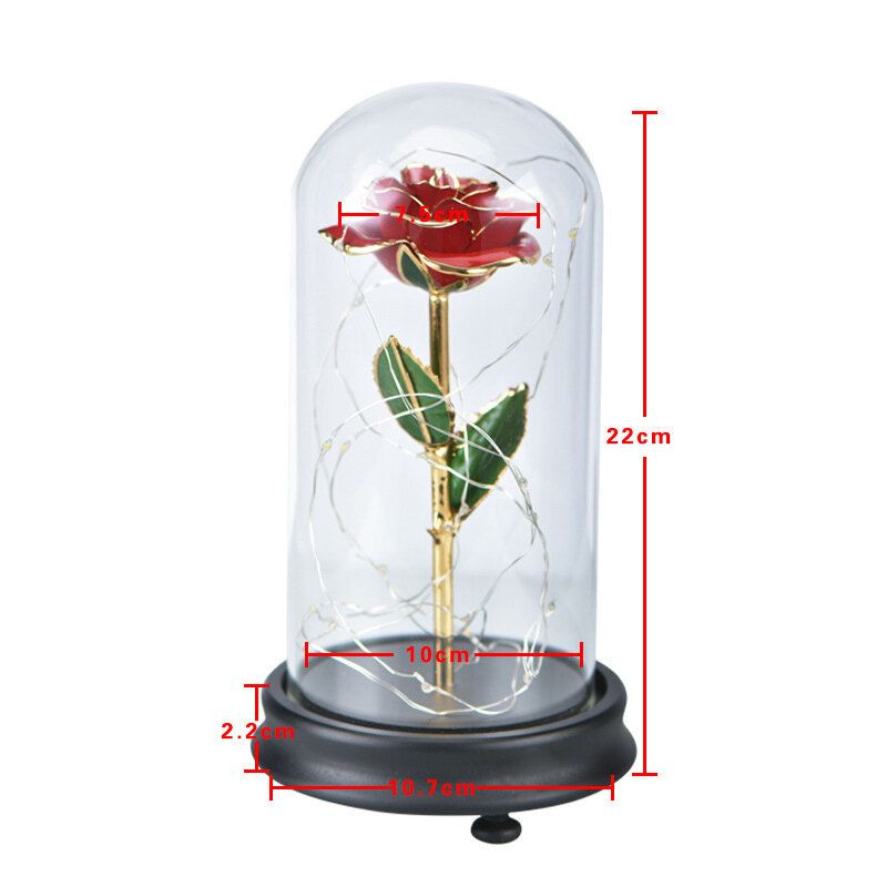 24-karatna Zlatna Ruža S Led Svjetlom Umjetni Ukras Kupolasta Drvena Baza Darovi Za Valentinovo