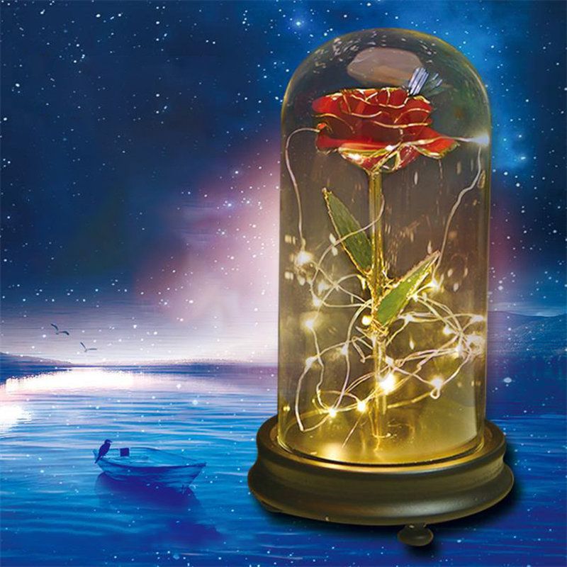 24-karatna Zlatna Ruža S Led Svjetlom Umjetni Ukras Kupolasta Drvena Baza Darovi Za Valentinovo