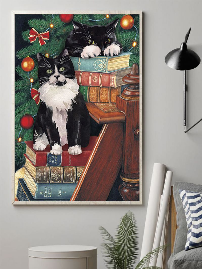 Božićna Slika Na Platnu S Mačkama Bez Okvira. Zidna Umjetnička Na Platnu. Uređenje Doma Za Dnevnu Sobu