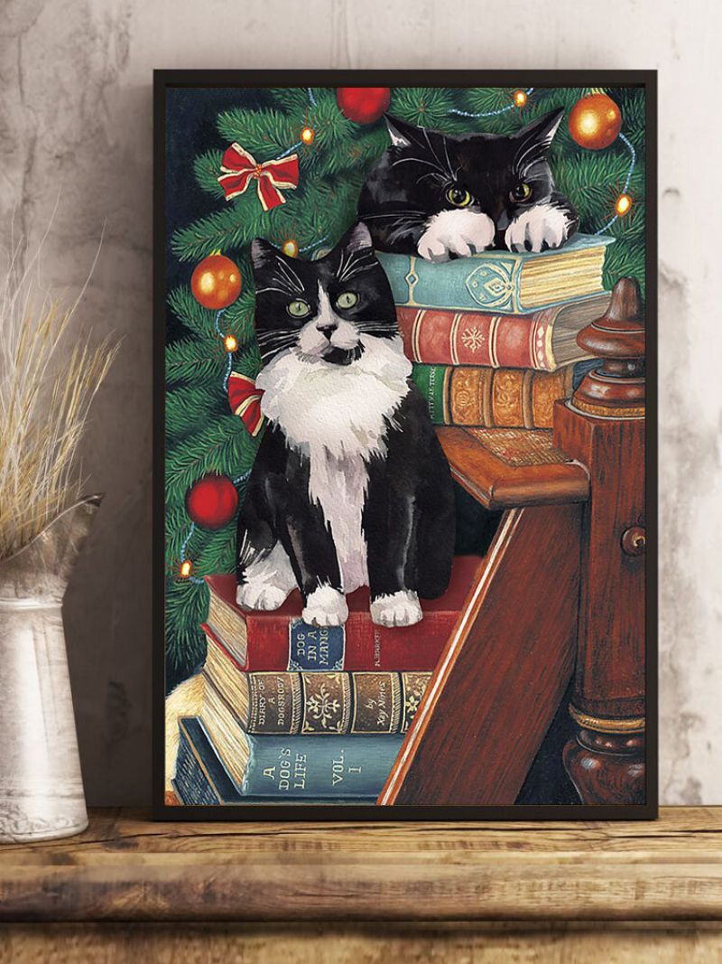 Božićna Slika Na Platnu S Mačkama Bez Okvira. Zidna Umjetnička Na Platnu. Uređenje Doma Za Dnevnu Sobu