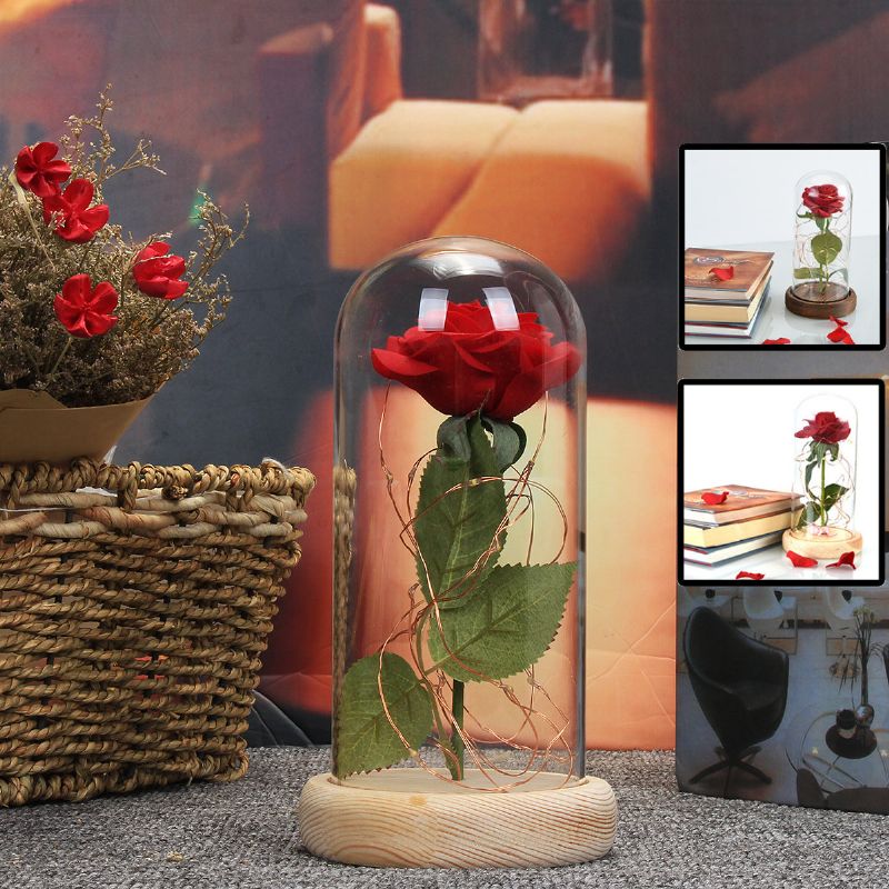 Božićni Ukrasi Beauty Enchanted Preserved Red Fresh Rose Stakleni Poklopac + Led Svjetlo