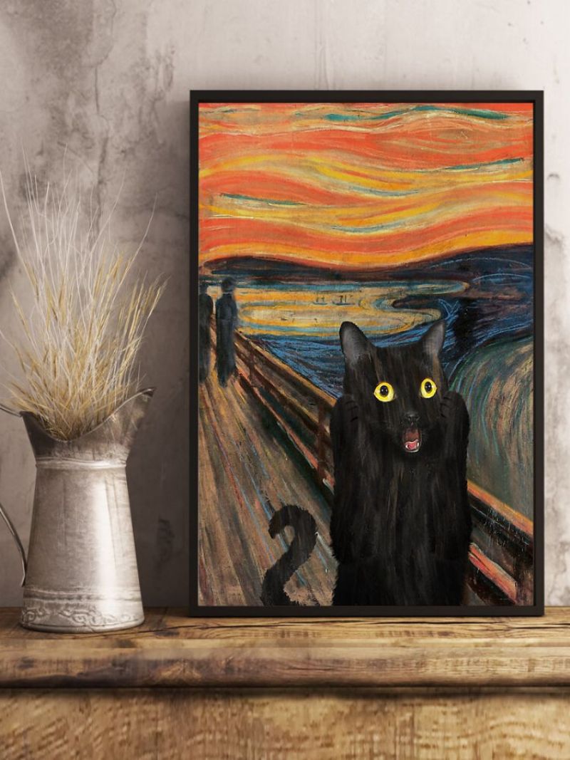 Crna Mačka Neuramljena Uljana Slika Na Platnu Tajanstvena Zidna Umjetnost Uređenje Doma Za Dnevnu Sobu