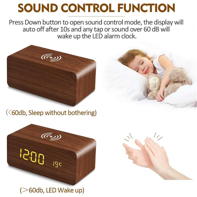 Drvena Budilica Kontrola Zvuka Snooze Stolni Sat S Qi Bežičnim Punjenjem 3 Postavke Alarma I 3 Razine Podesive Svjetline