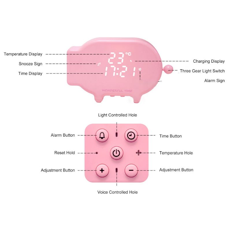Preslatka Crtana Svjetiljka Za Sat Sa Svinjom Za Unutarnju Spavaću Sobu Višenamjenska Noćna S Led Ekranom Usb Punjiva Budilica S Glasovnom Kontrolom