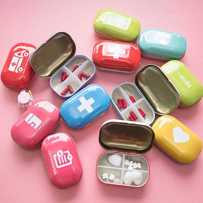 Mini Slatka Kutija Za Tablete U Boji Bombona Željezna Za S Različitim Uzorcima Četiri Odjeljka Za Vitaminsku Tabletu