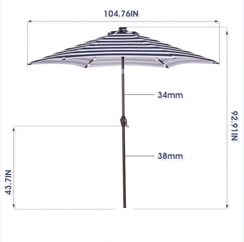 Kišobran Za Tržni Stol Od 8.7 Stopa Za Vanjsku Terasu S Gumbom Za Naginjanje I Ručicu Plavo-bijele Pruge S 24 Led Svjetla Baza Za Nije Uključena