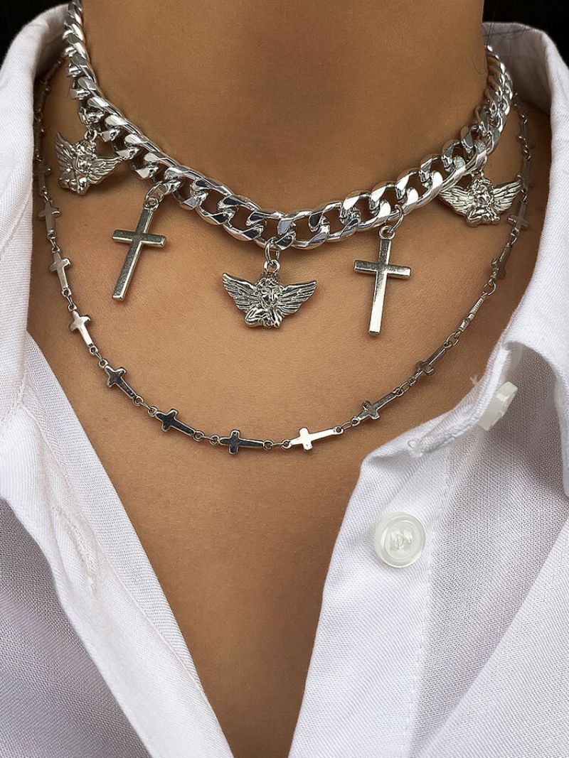 2 Kom/set Vintage Jednostavni Mali Anđeoski Križ S Privjeskom Križni Lanac Kubanski Od Legure Dvoslojne Ogrlice