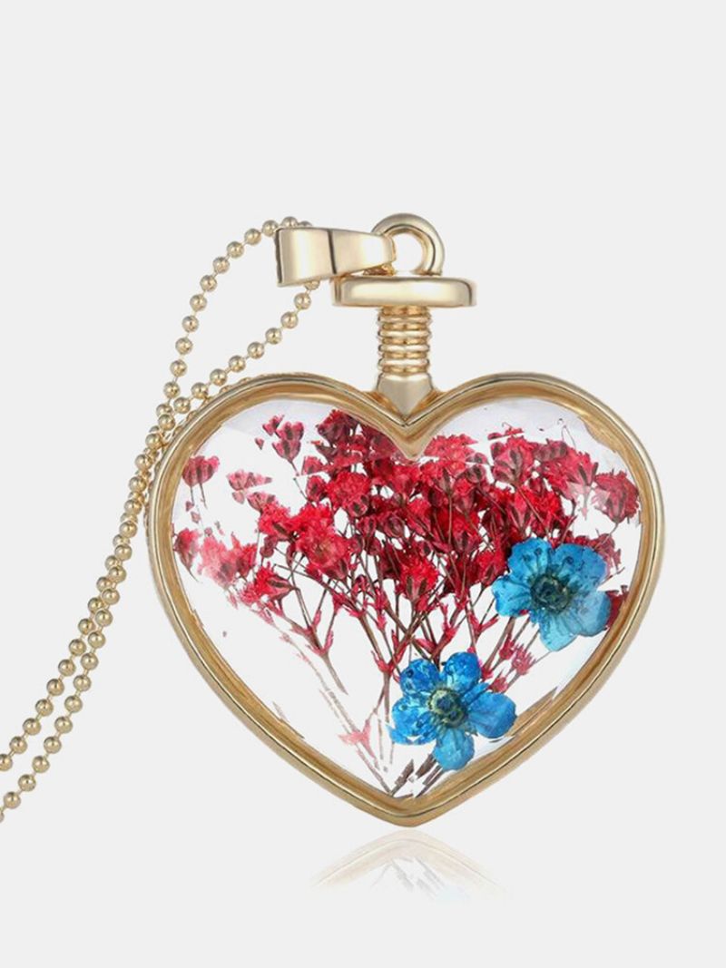 Metalna Geometrijska Ogrlica Od Stakla U Obliku Srca Breskve Od Suhog Cvijeća S Privjeskom Od Prirodnog Cvijeta