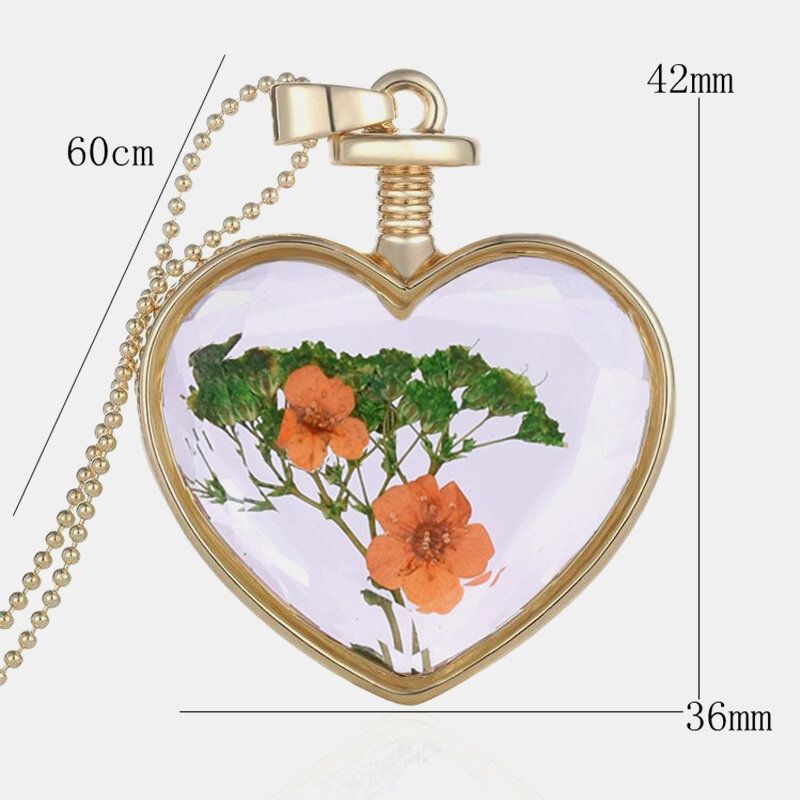 Metalna Geometrijska Ogrlica Od Stakla U Obliku Srca Breskve Od Suhog Cvijeća S Privjeskom Od Prirodnog Cvijeta