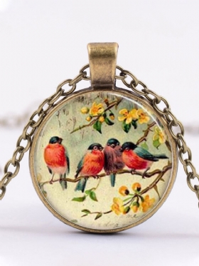 Privjesak Ogrlica S Vintage Pticama Od Legure Stakla S Cvjetnim Uzorkom