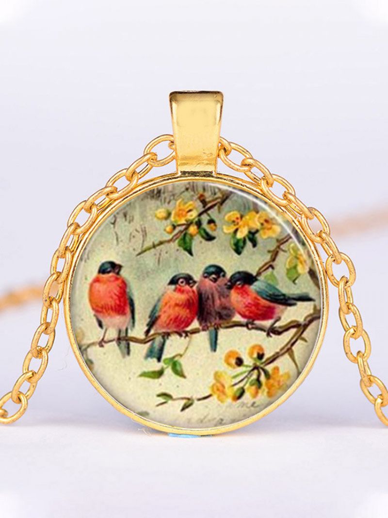 Privjesak Ogrlica S Vintage Pticama Od Legure Stakla S Cvjetnim Uzorkom