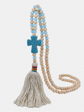 Vintage Etnički Križ S Kićankama Privjesak Drvene Perle Ogrlica Od Tirkiznih Kristalnih Perli