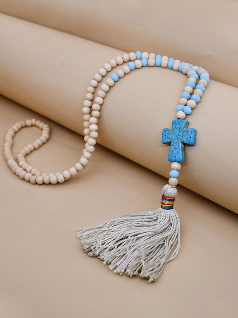 Vintage Etnički Križ S Kićankama Privjesak Drvene Perle Ogrlica Od Tirkiznih Kristalnih Perli