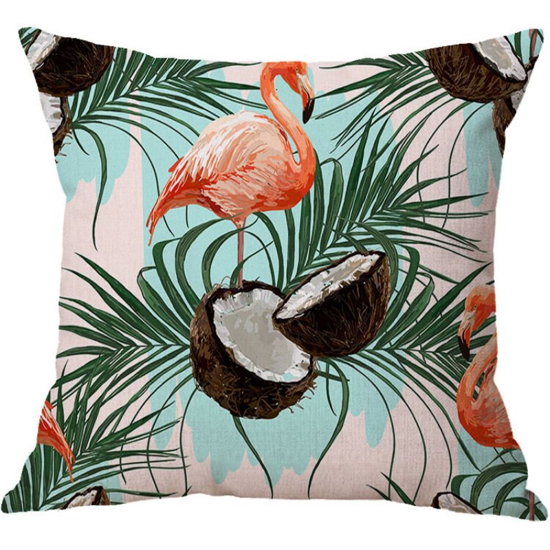 Flamingo Lanena Navlaka Za Jastuk Uzorak Akvarel Zeleno Tropsko Lišće List Čudovišta Palma Aloha