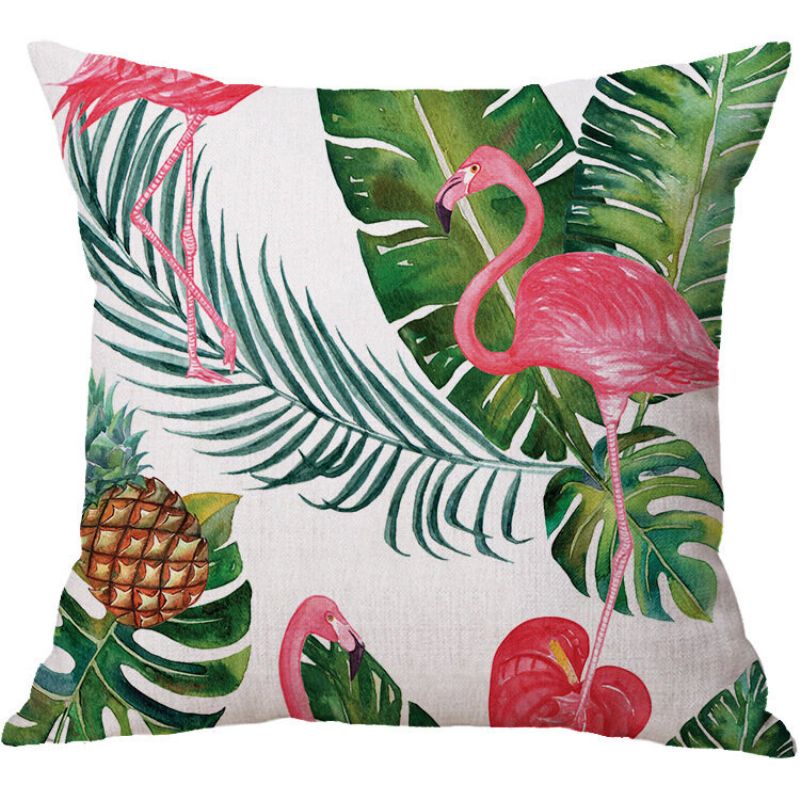 Flamingo Lanena Navlaka Za Jastuk Uzorak Akvarel Zeleno Tropsko Lišće List Čudovišta Palma Aloha