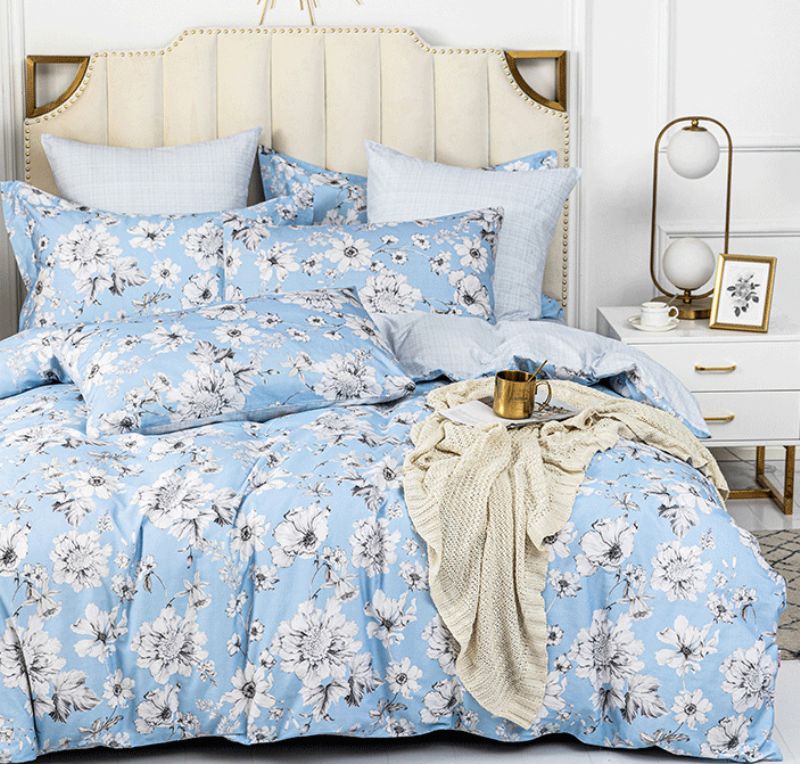 Luksuzni Pamučni Set Pokrivača/prekrivača Poplun Queen King Size Krevet 230x229cm Plavi Cvijet