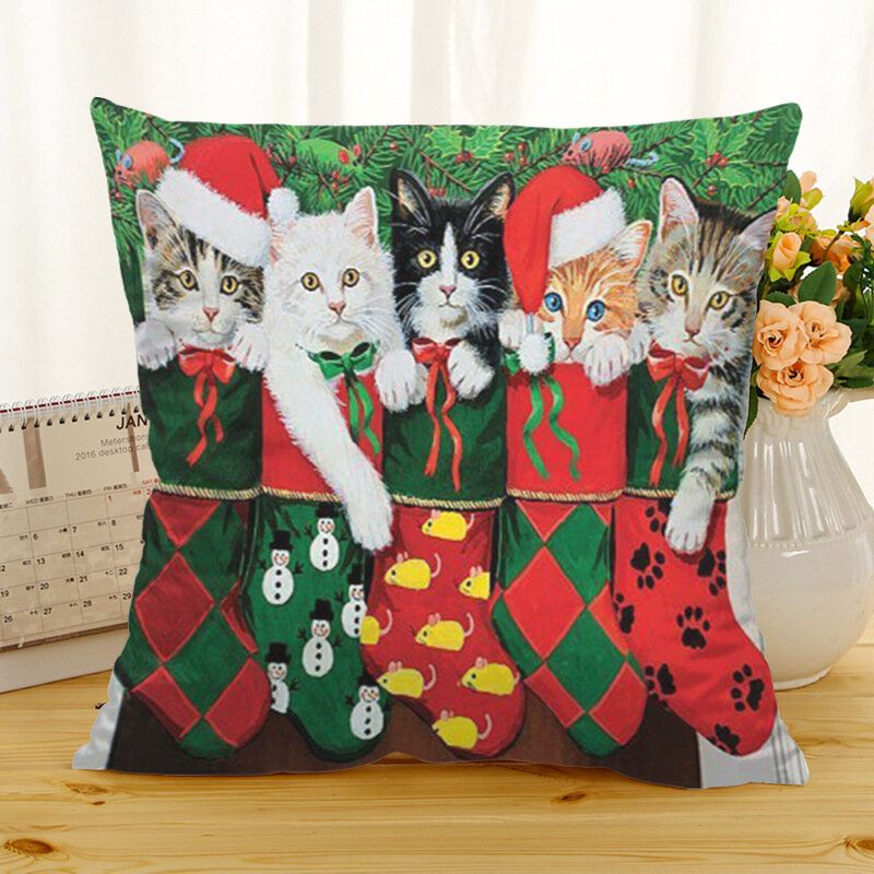 Retro Božićna Mačka Pamučna Lanena Jastučnica Kućni Kauč Mekane Jastučnice Stil Art Decor