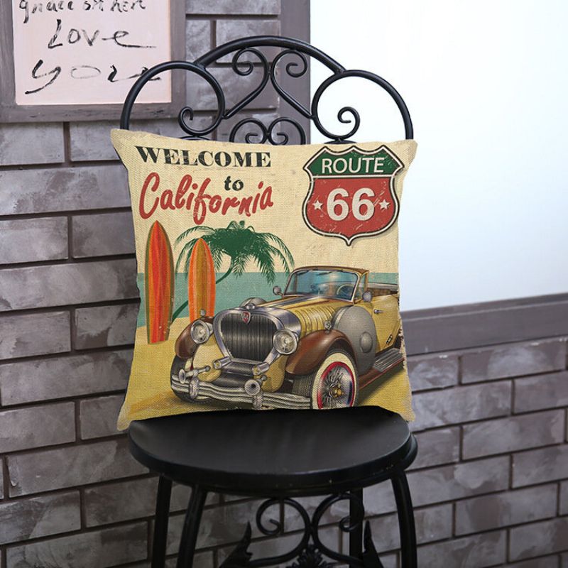 Vintage America Route 66 Klasični Automobili S Uzorkom Lanene Jastučnice Kućni Kauč Art Decor