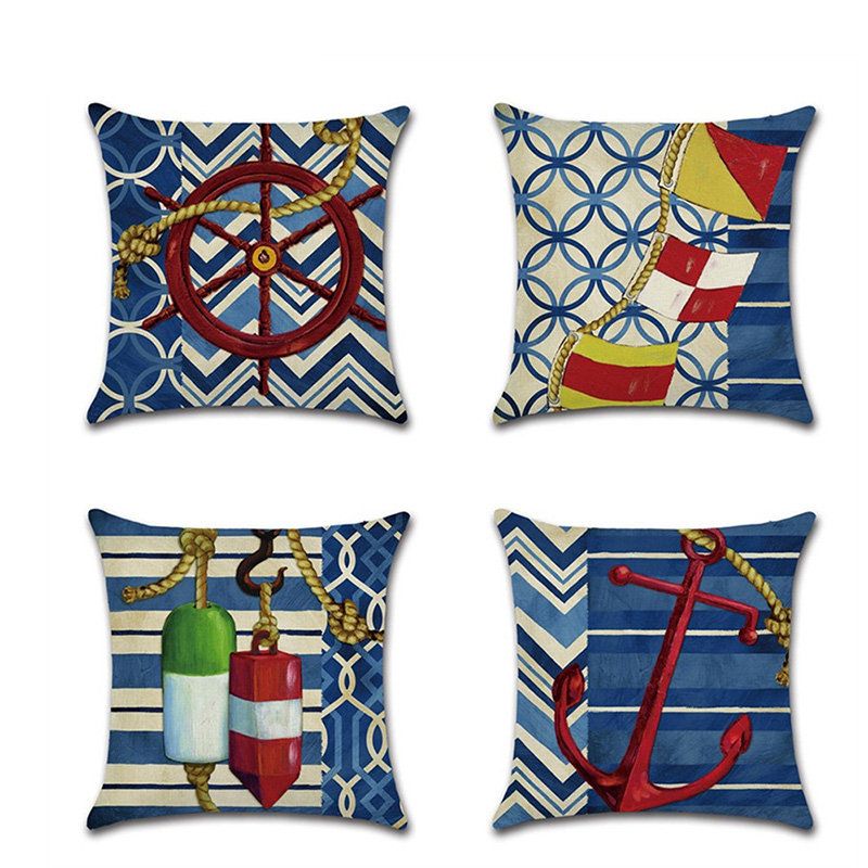 Vintage Nautičko Sidro Kormilo Uzorak Lanena Pamučna Jastučnica Kućni Kauč Art Decor