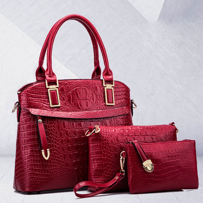 Elegantni Set Ženskog Pribora Torba Za Nošenje Na Rame Od Reljefne Pu Kožne Krokodilske Pruge Od 3 Komada Torbica Za Preko Tijela I Spojka S Remenom