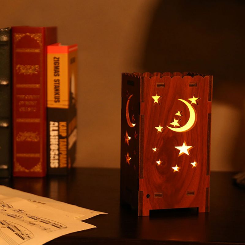 Drvena Izrezbarena Noćna Svjetiljka Izdubljena Stolna U Obliku Mjesečeve Zvijezde Sa Promjenom 7 Boja Za Spavaću Sobu I Uređenje Doma
