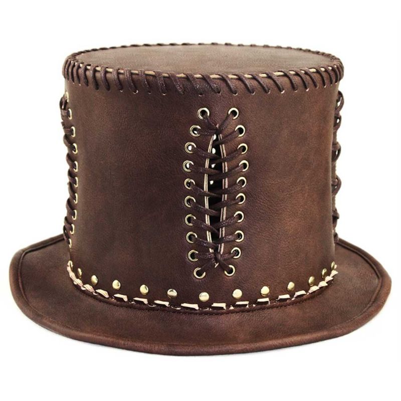 Unisex Steampunk Cilindar Retro Punk Rustikalna Pu Kožna Kapa Na Vezanje Gospodski Šešir Za Kostime Halloween Party