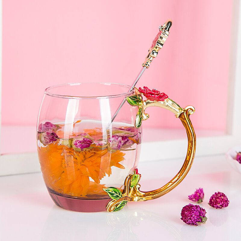 Emajlirana Šalica Poklon Cvijet Za Čaj Staklena Za Čaj Za Kavu Sa Žlicom