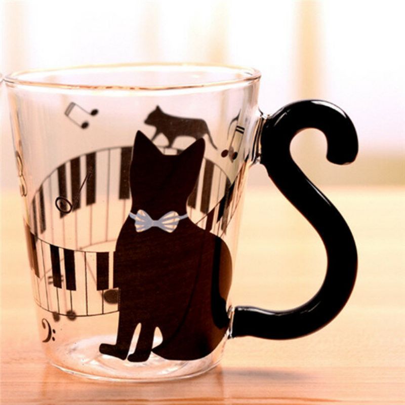 Slatka Crtana Mačka Staklena Šalica Za Čaj Mlijeko Za Kavu Glazba Točkice Kućni Ured