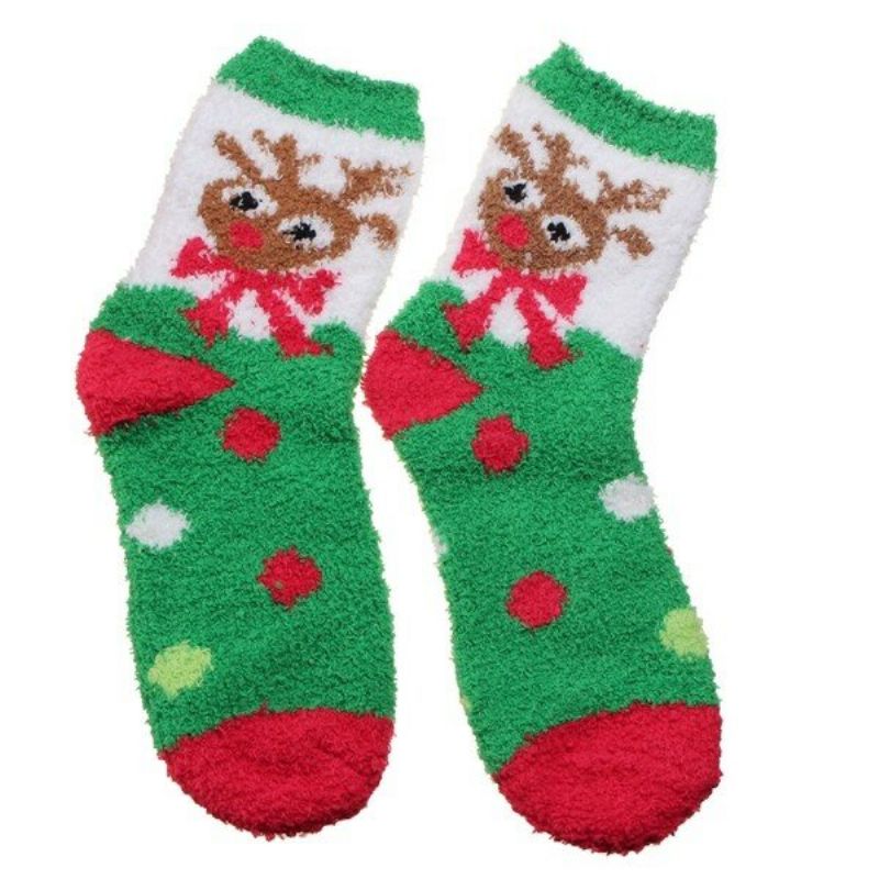 Čarape Sa Slatkim Božićnim Crtanim Uzorkom Od Koraljnog Flisa Zadebljane Termo Duge S Mašnom