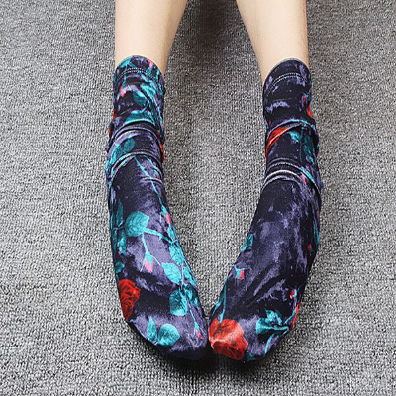 Ženske Retro Sjajne Baršunaste Čarape S Otisnutim Cvjetovima U Obliku Cijevi Prozračne Duge Za Znoj