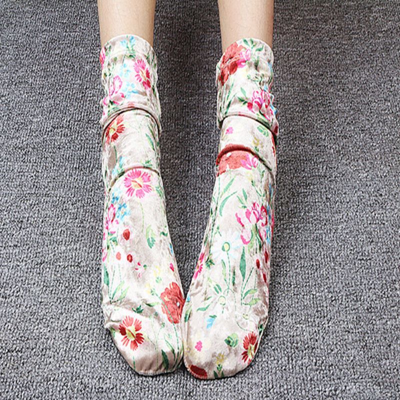 Ženske Retro Sjajne Baršunaste Čarape S Otisnutim Cvjetovima U Obliku Cijevi Prozračne Duge Za Znoj