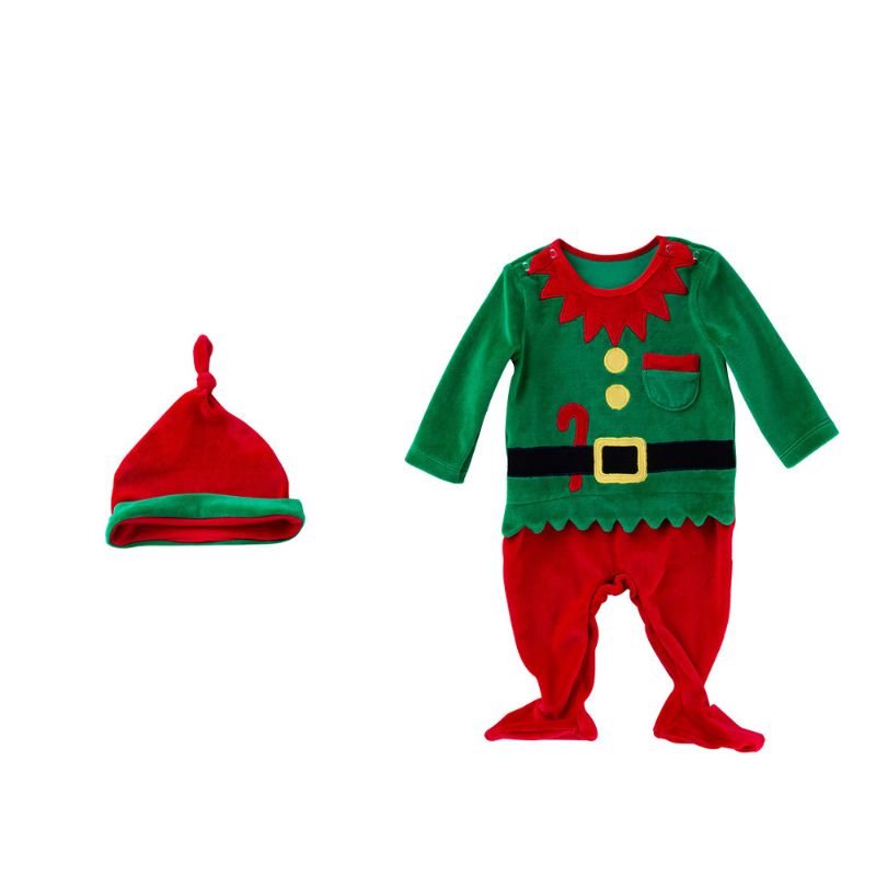Kostim Božićnog Vilenjaka Zeleni Jednodijelni Uniseks Za 0-2 Bebe S Dugim Rukavima I Slatkom Kapom 2 Kom