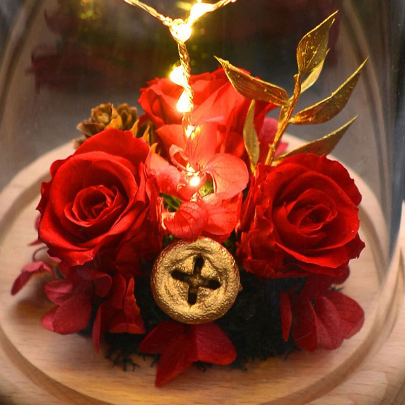 Imitacija Ruže Očuvanog Svježeg Cvijeta Sa Staklenim Poklopcem Led Svjetla Izvrstan Dar Za Valentinovo