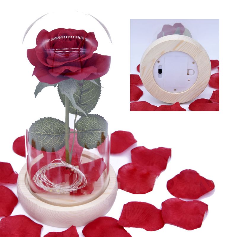 Lampa Crvene Ruže S Led Vilinskim Svjetlima Otpalim Laticama I Postoljem Od Abs-a U Staklenoj Kupoli Valentinovo Najbolji Dar Za Nju