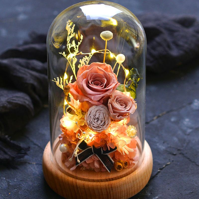 Poklon Očuvanog Svježeg Cvijeća Sa Staklenom Posudom I Drvenom Bazom Led Svjetla Romantična Ruža Za Djevojku