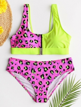 Ženski Prsluk Bikini Leopard Patchwork Prednja Kopča Patentni Zatvarač Seksi Kupaći Kostim