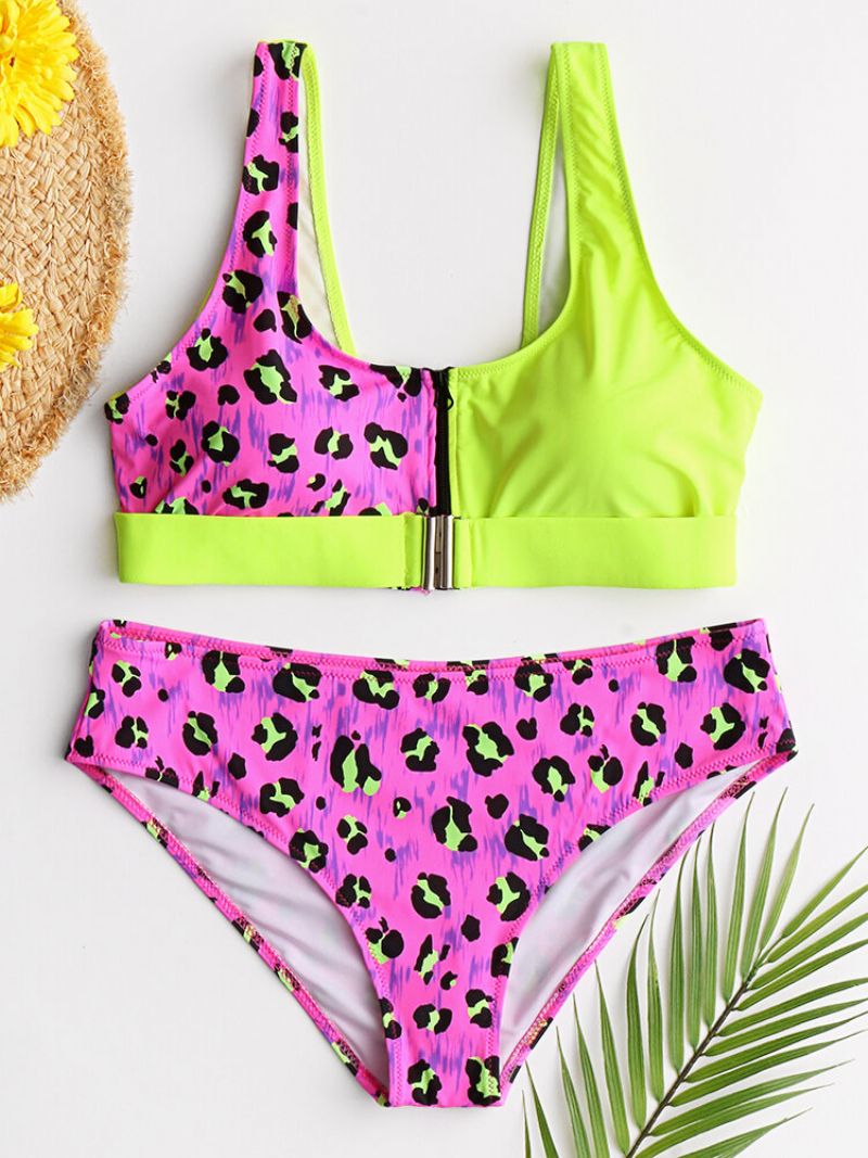 Ženski Prsluk Bikini Leopard Patchwork Prednja Kopča Patentni Zatvarač Seksi Kupaći Kostim