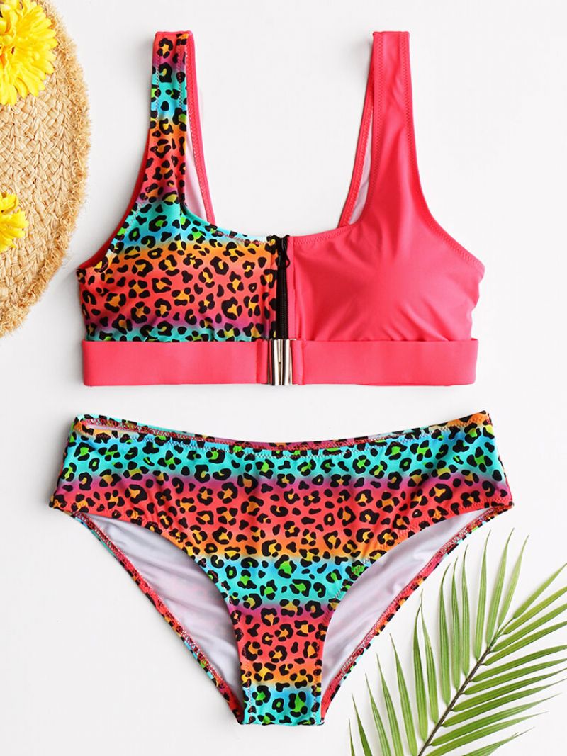 Ženski Prsluk Bikini Leopard Patchwork Prednja Kopča Patentni Zatvarač Seksi Kupaći Kostim