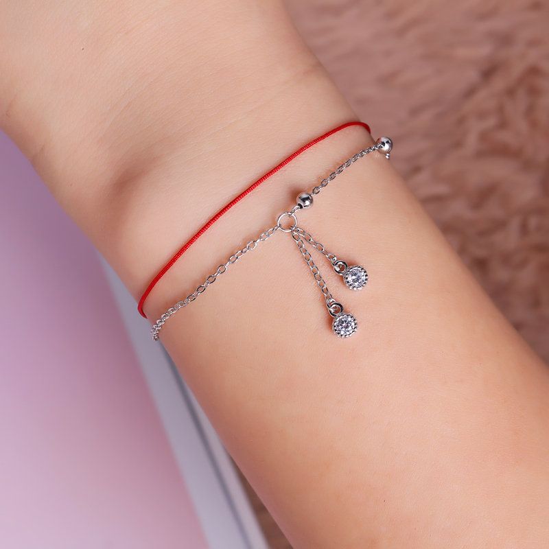 925 Sterling Silver Red Rope Lucky Charm Narukvice S Cirkonskim Padajućim Resama S Lančićima Za Žene