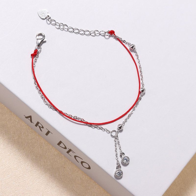 925 Sterling Silver Red Rope Lucky Charm Narukvice S Cirkonskim Padajućim Resama S Lančićima Za Žene