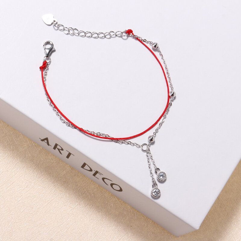 925 Sterling Silver Red Rope Lucky Charm Narukvice S Cirkonskim Padajućim Resama S Lančićima Za Žene