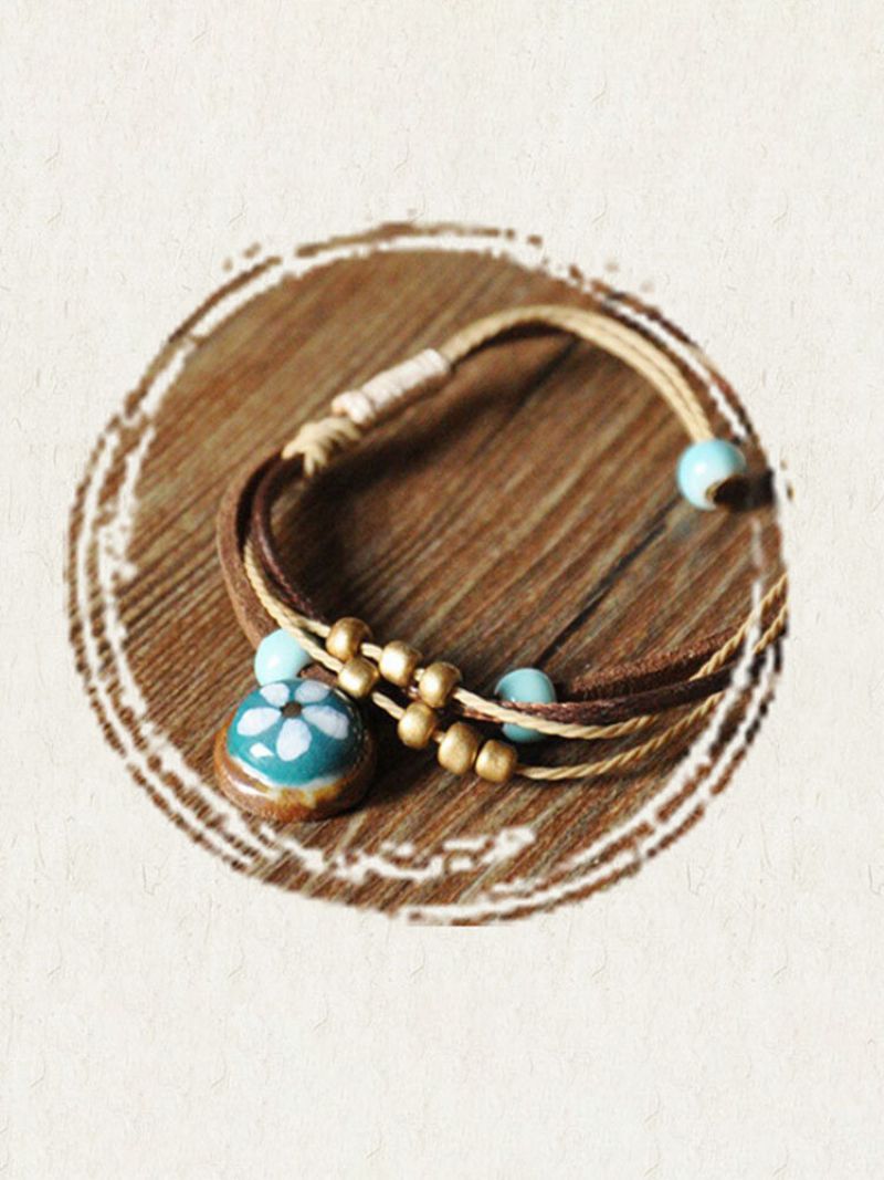 Vintage Narukvica S Privjeskom S Cvjetnim Uzorkom Podesiva Od Ručno Tkanih Keramičkih Perli