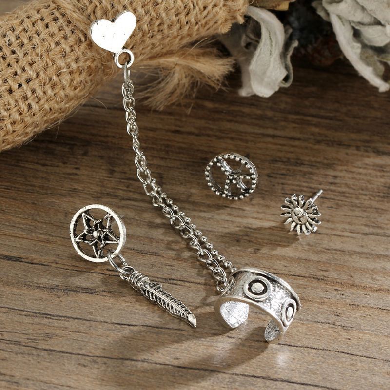 Punk Legura Peace Symbol Sun Leaf Heart Stud Naušnice 4 Kom/set Za Žene