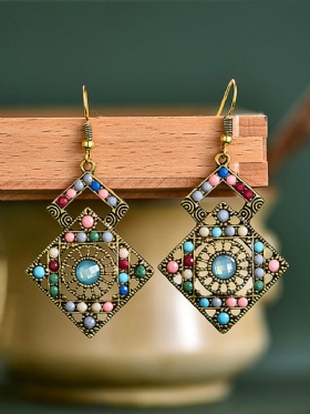 Vintage Šuplje Geometrijske Naušnice U Obliku Romba S Umetnutim Šarenim Rižinim Perlama Od Legure Smole