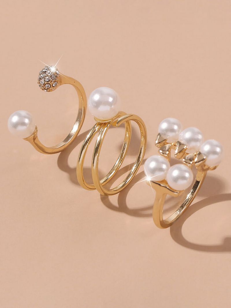 3 Kom/set Trendi Vintage Umetnuti Umjetni Biseri Prstenje Od Legure Geometrijskog Oblika