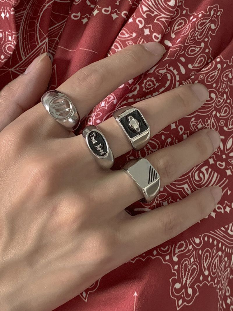 4 Kom/set Trendy Vintage Izrezbarena Slova Planeta Prstenovi Od Legure Za Kapanje Ulja U Obliku Pečata