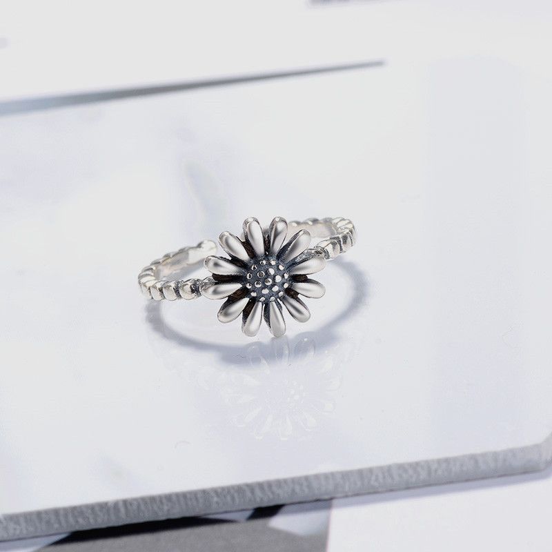 S925 Sterling Srebro Vintage Daisy Thai Srebrni Prsten Jednostavan Književni Stil Podesivi Sunčev Cvijet