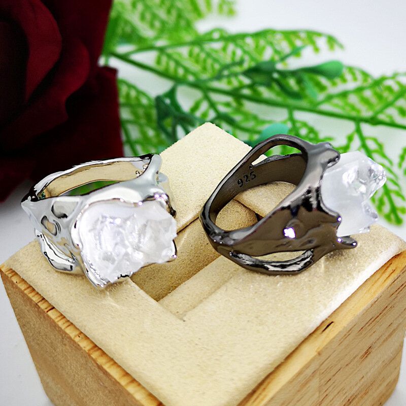 Vintage Geometrijski Nepravilni Prsten Od Prirodne Kristalne Rude Metalni Šuplji Prozirni Prstenovi S Dragim Kamenjem