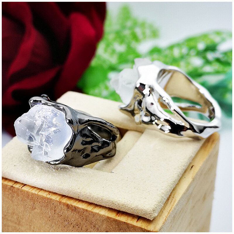 Vintage Geometrijski Nepravilni Prsten Od Prirodne Kristalne Rude Metalni Šuplji Prozirni Prstenovi S Dragim Kamenjem